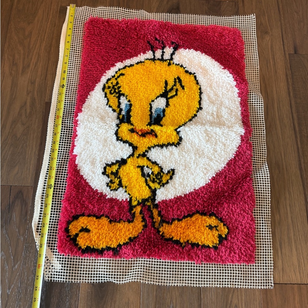 Vintage Handmade Latch Hook Rug - Cartoon Bird Pattern - Retro Craft Decor